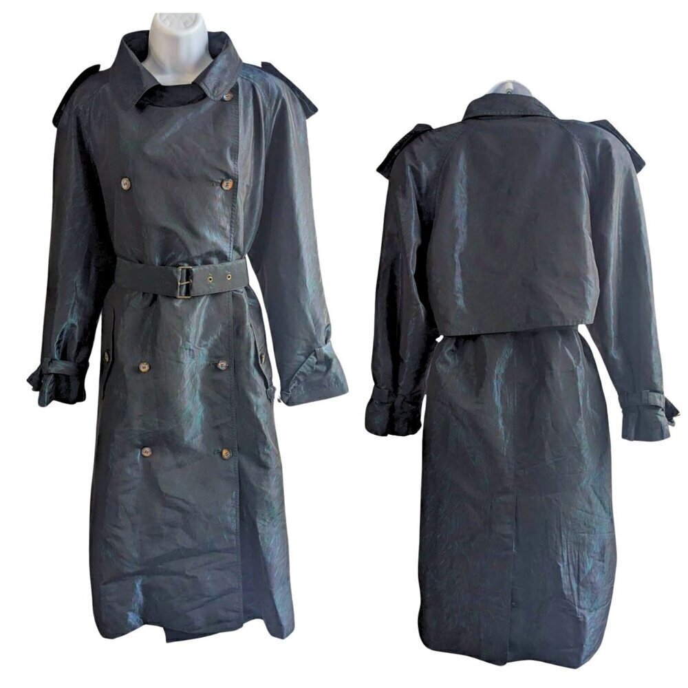 Vintage 80s Mulberry Street Iridescent Nylon Printed Trench Coat Zip Liner Sz 10